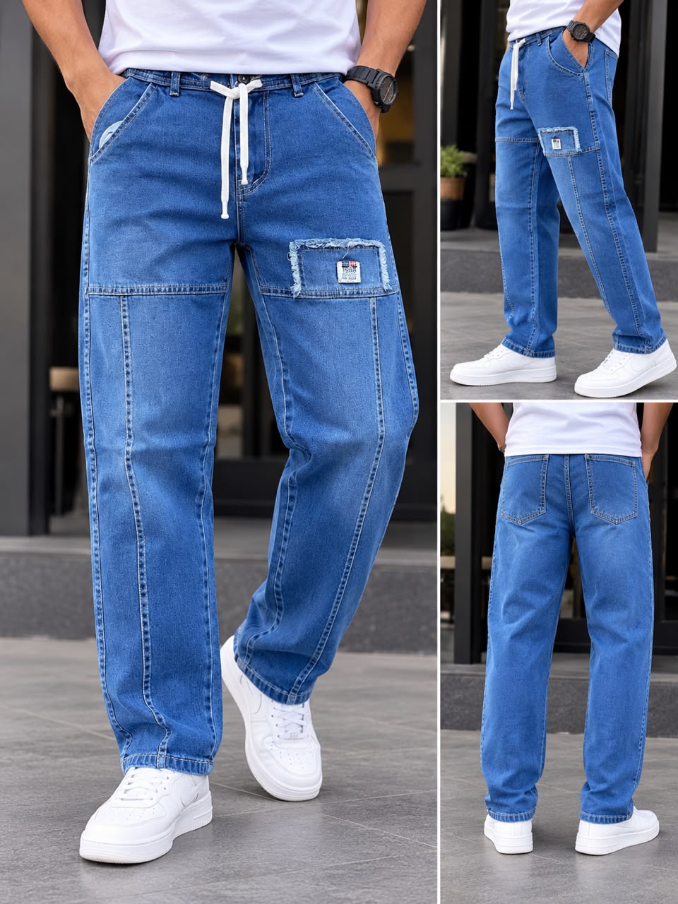 Mid Blue Panel Baggy Jeans - Loose Fit Denim with Patch Pocket.
