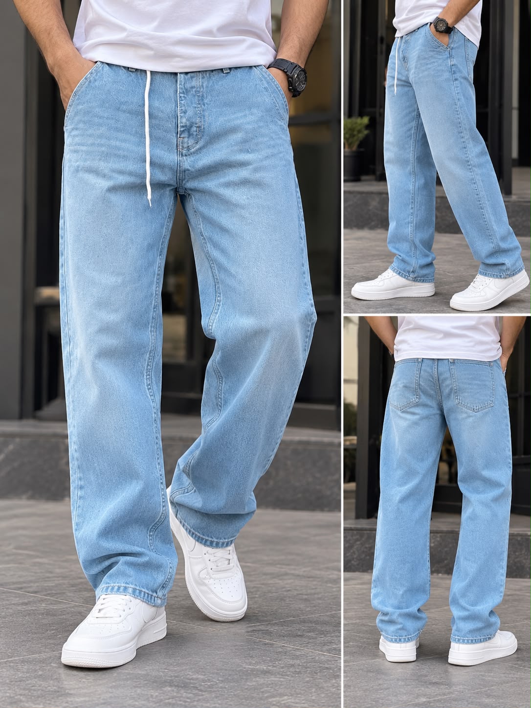 Light Wash Baggy Jeans - Loose Fit Denim With Drawstring.