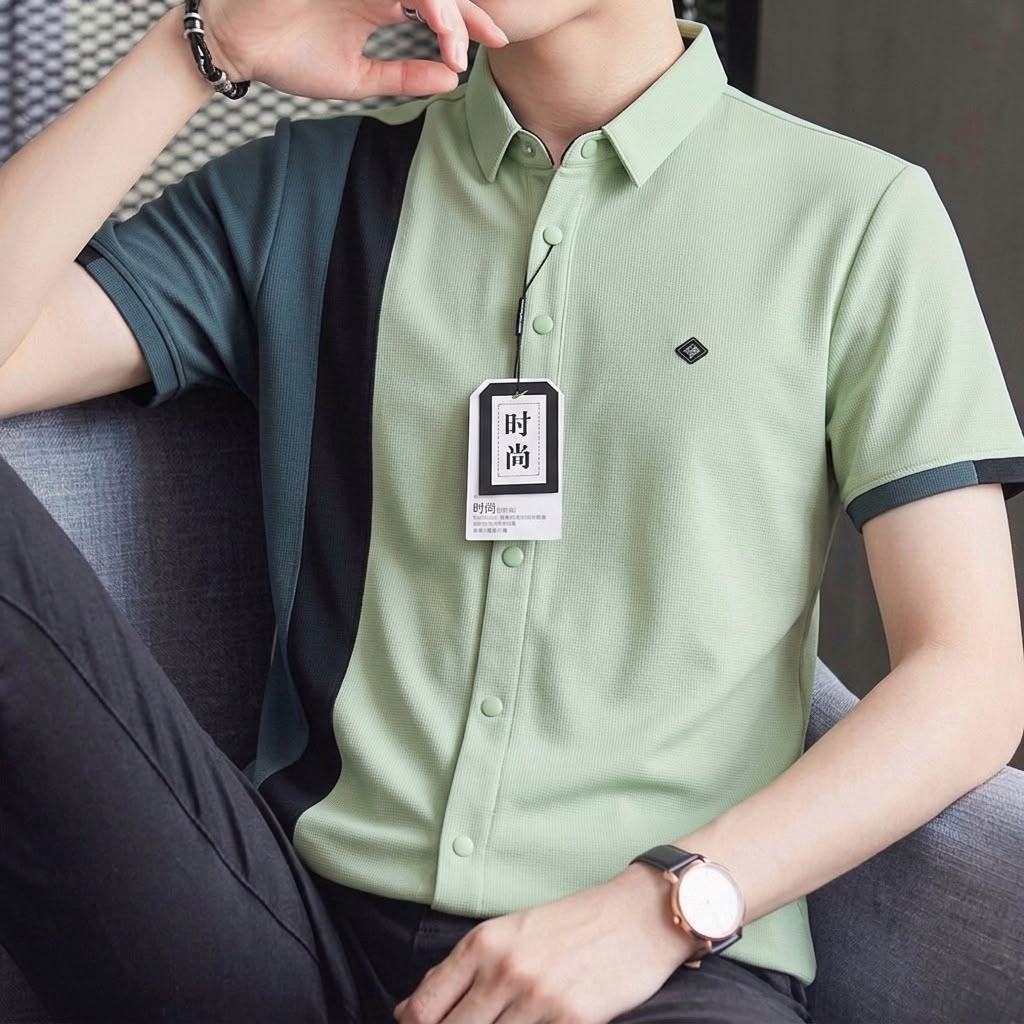 LUXE - Tri-Color Panel Short Sleeve Polo Shirt For Men